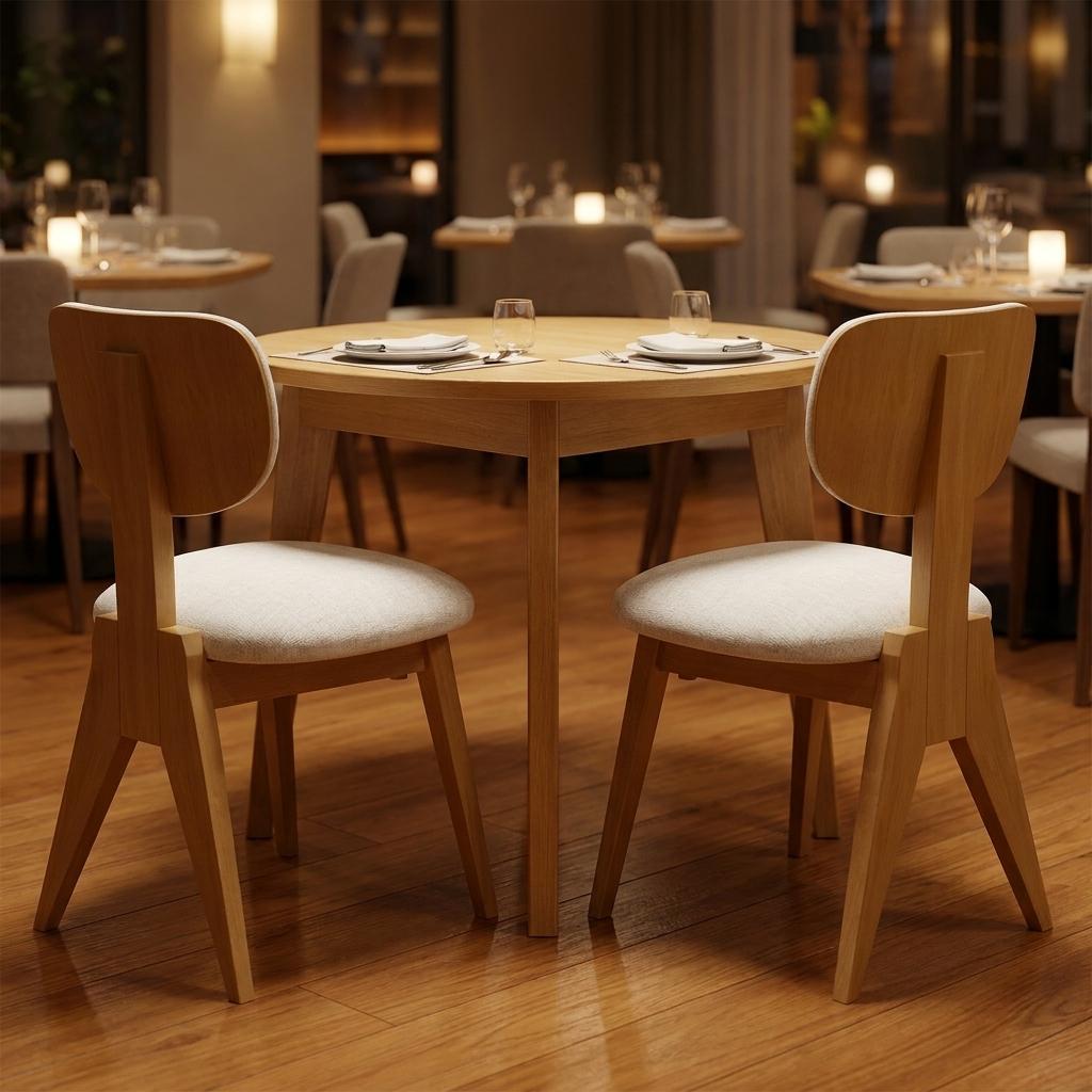 Set of Two Beige And Natural Fabric And Wood Dining Side Chairs