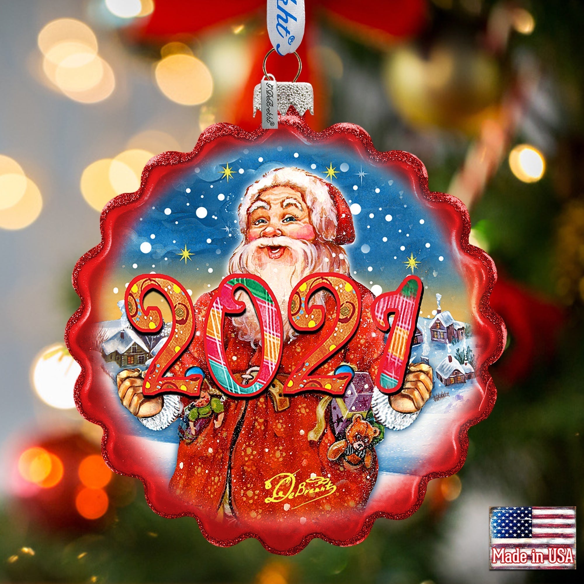 2024 Dated Celebration Santa Wreath Glass Ornament by G. Debrekht - Christmas Decor - 759-040-D24