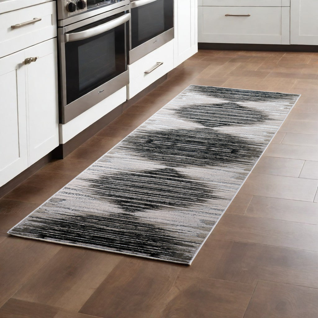 8 Black and Silver Geometric Power Loom Runner Rug