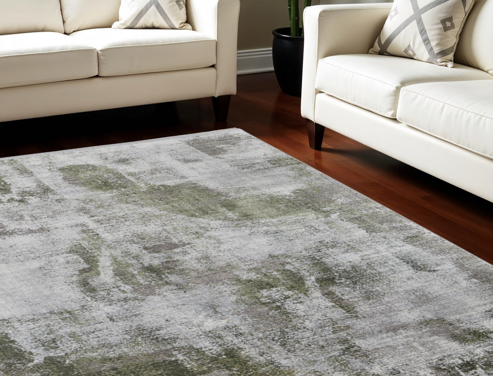 13 X 20 Gray Silver and Green Ikat Power Loom Area Rug With Fringe