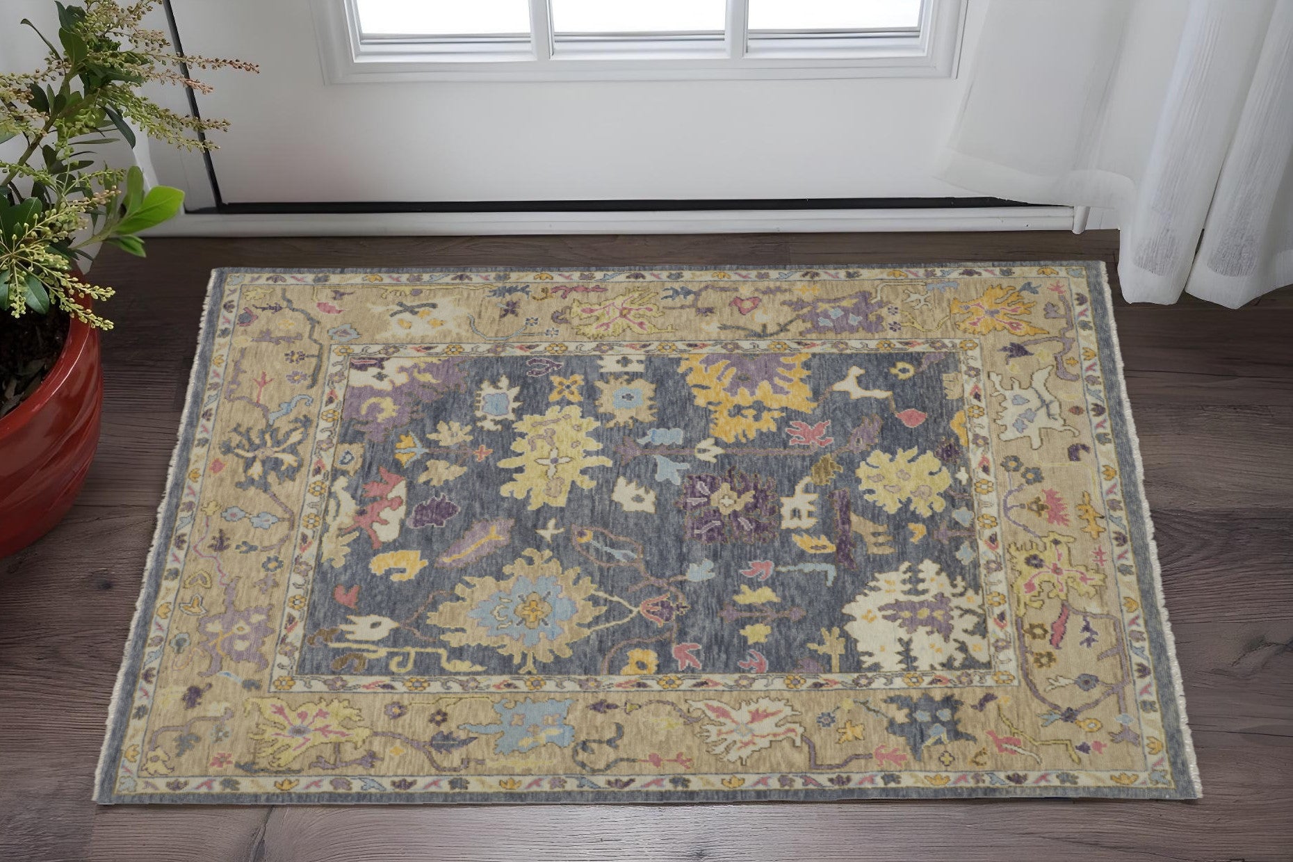2 X 3 Gold Blue and Purple Wool Oriental Hand Knotted Area Rug With Fringe