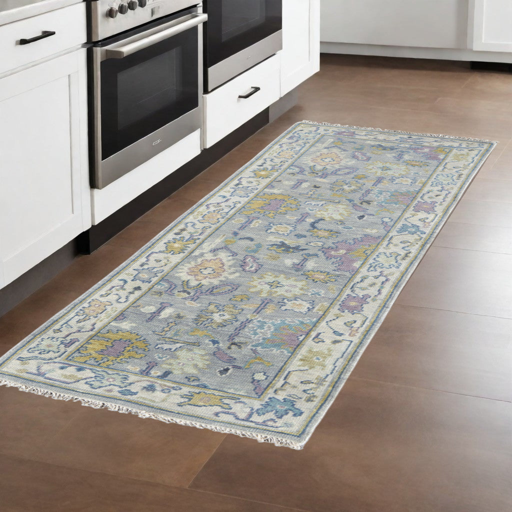 8 Purple Gray and Gold Wool Oriental Hand Knotted Runner Rug With Fringe