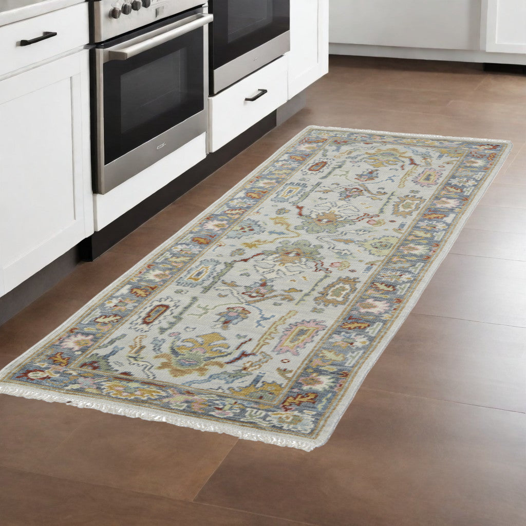 8 Gray Blue and Gold Wool Oriental Hand Knotted Runner Rug With Fringe