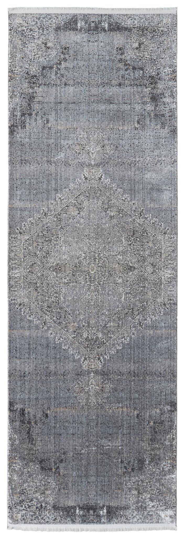 8 Gray and Silver Abstract Power Loom Worn Faded Runner Rug