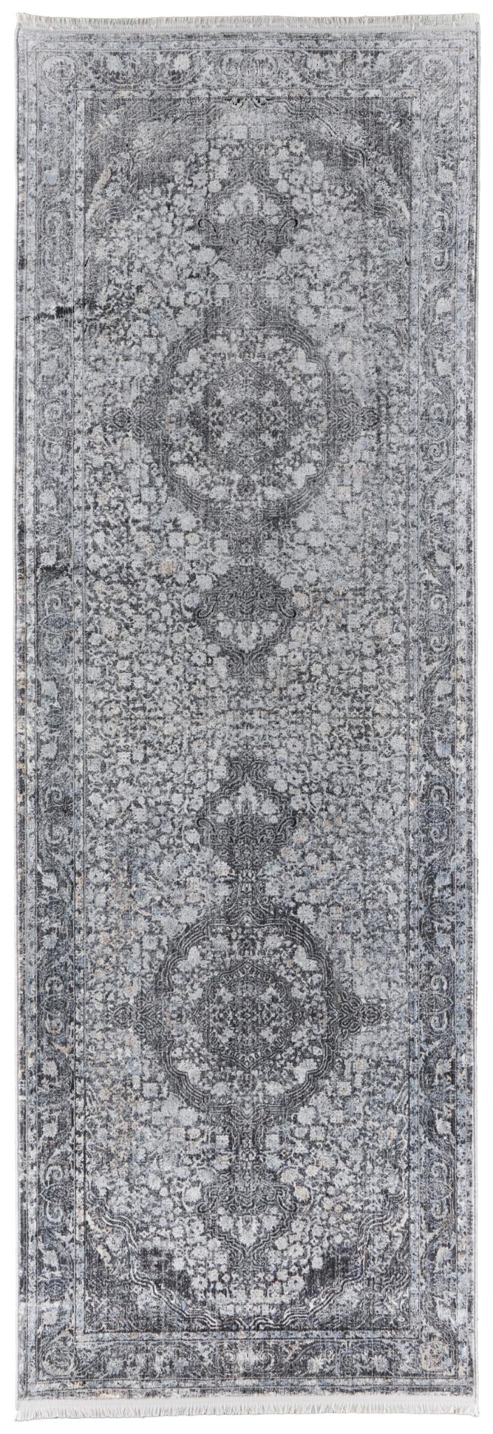 8 Gray and Silver Oriental Power Loom Worn Faded Runner Rug