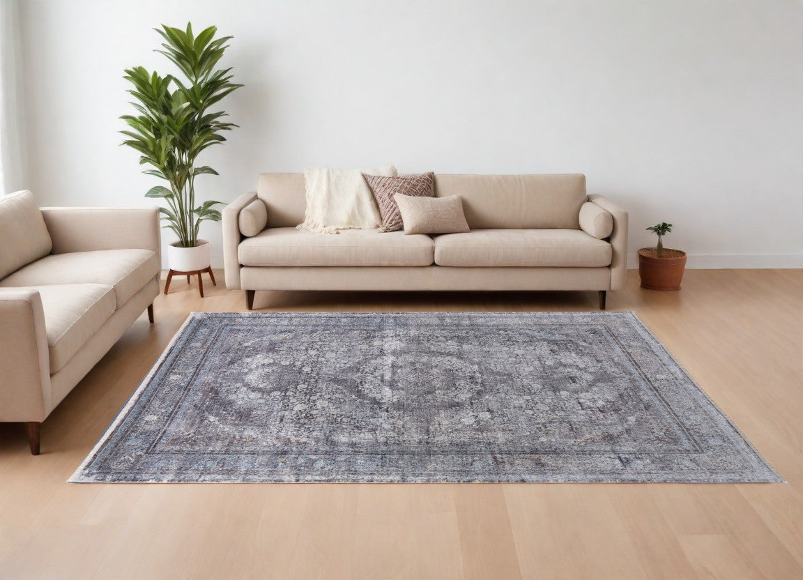 12 X 15 Gray and Silver Oriental Power Loom Worn Faded Area Rug