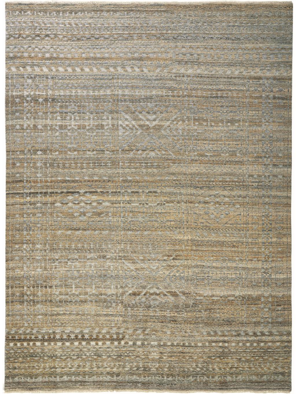 6 X 9 Gold and Tan Geometric Hand Knotted Worn Faded Area Rug