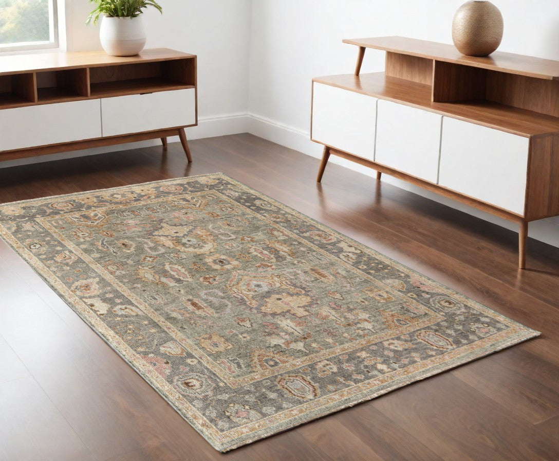 4 X 6 Gray and Gold Wool Oriental Hand Knotted Area Rug With Fringe