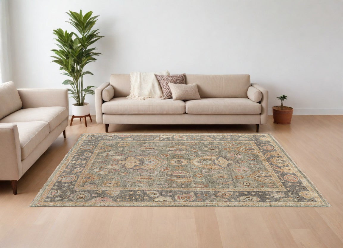 8 X 12 Gray and Gold Wool Oriental Hand Knotted Area Rug With Fringe