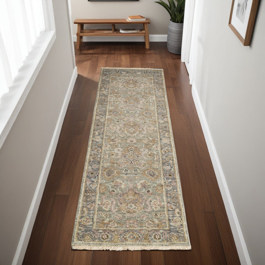 8 Gray and Gold Wool Oriental Hand Knotted Runner Rug With Fringe