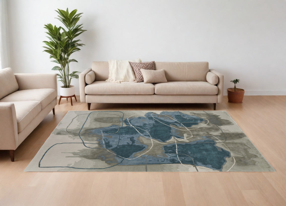 9 X 12 Blue and Gray Abstract Hand Tufted Area Rug