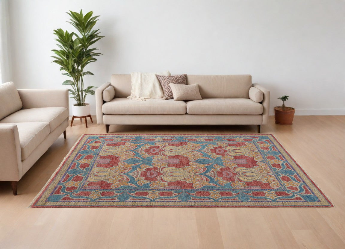 6 X 9 Blue Red and Yellow Wool Oriental Hand Knotted Area Rug