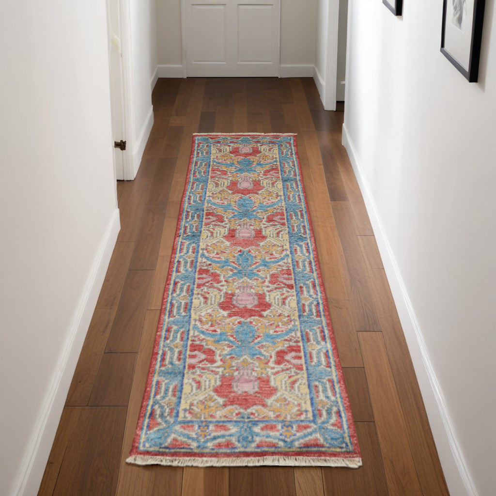 8 Blue Red and Yellow Wool Oriental Hand Knotted Runner Rug