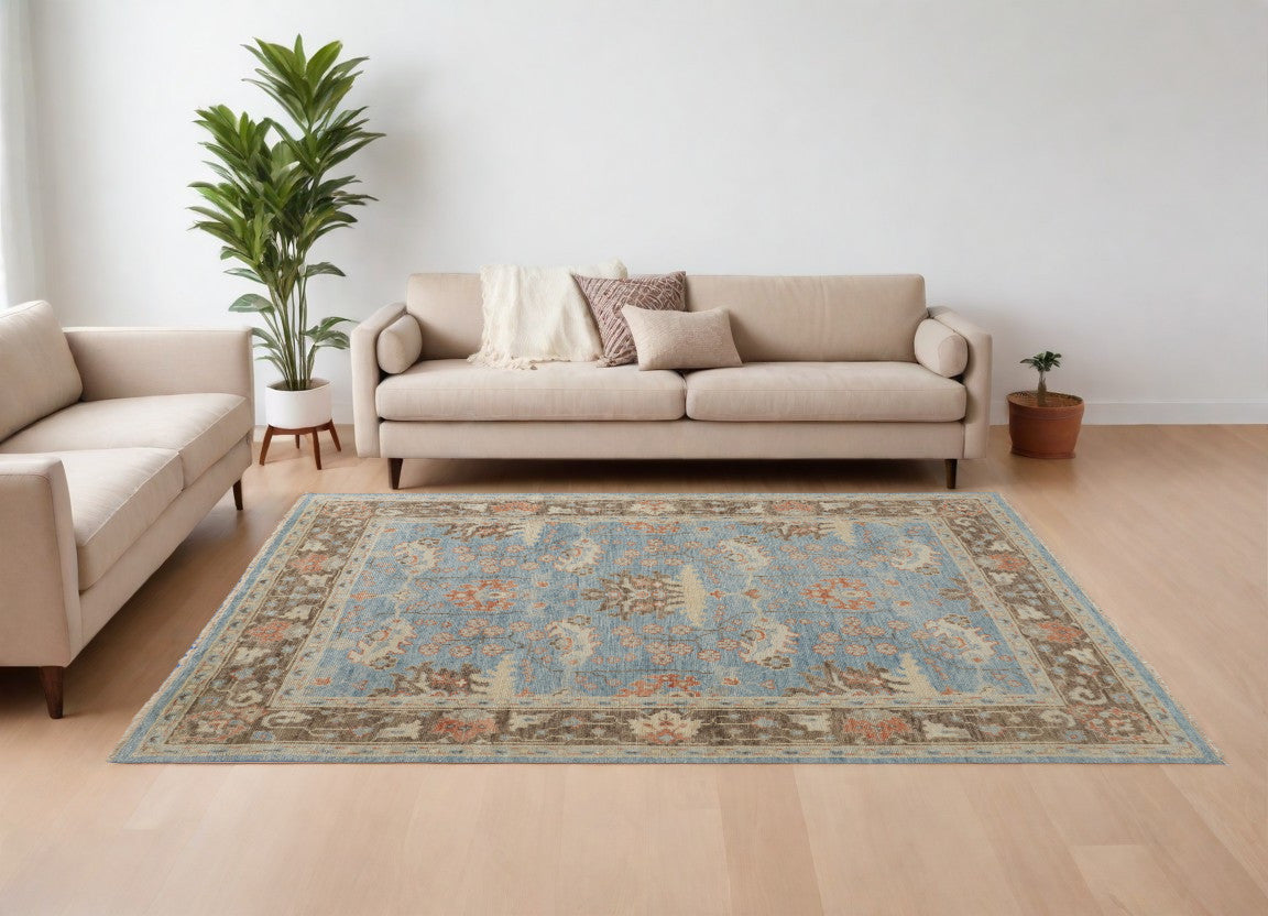 8 X 10 Brown and Blue Wool Oriental Hand Knotted Area Rug