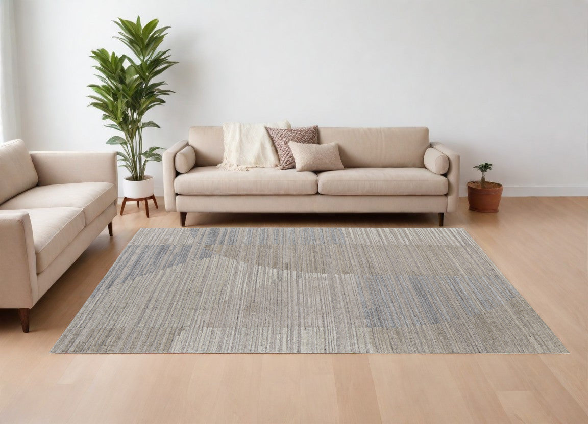 12 X 15 Tan and Blue Abstract Hand Woven Worn Faded Area Rug