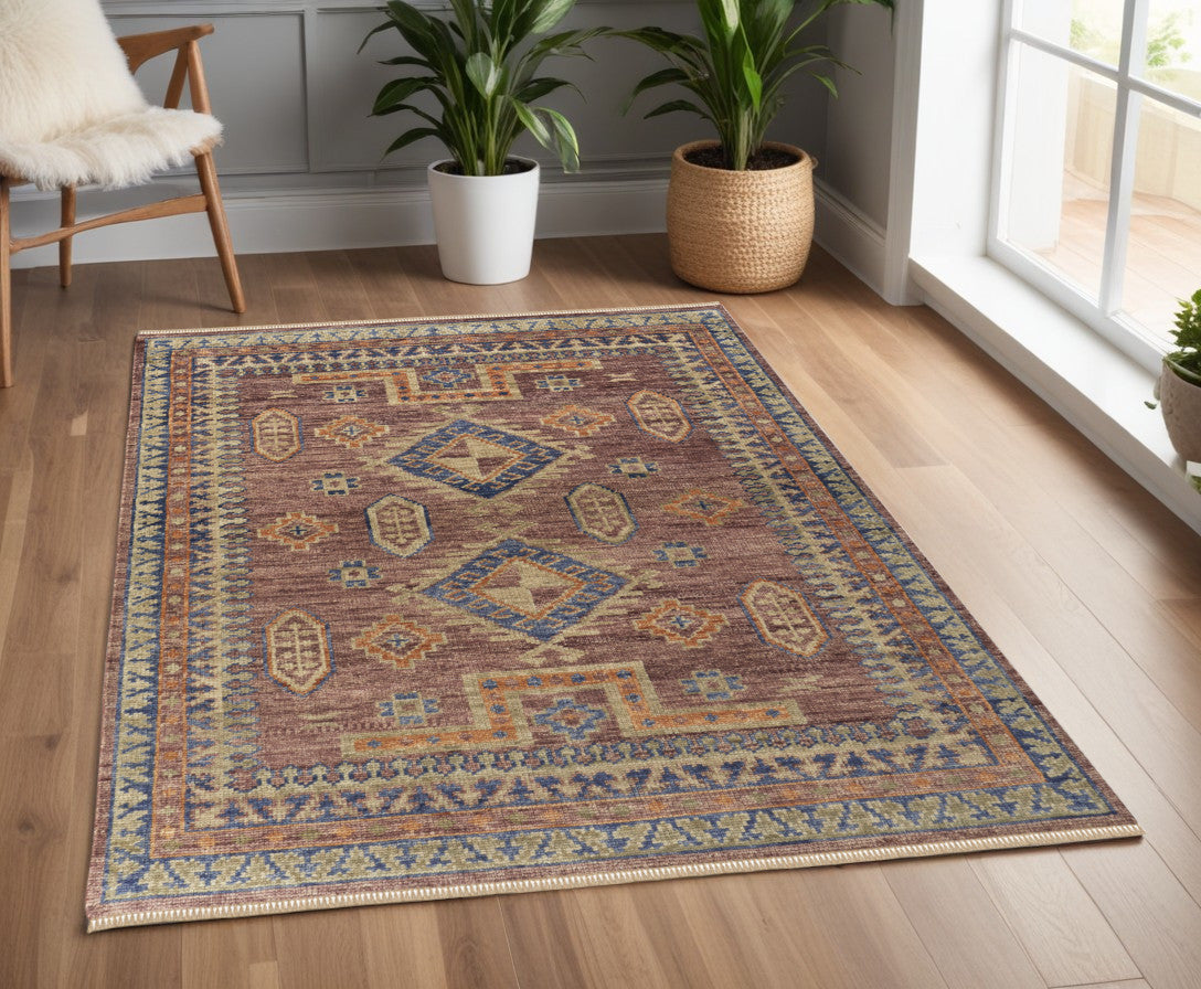 4 X 6 Blue Red and Tan Wool Geometric Hand Knotted Area Rug With Fringe
