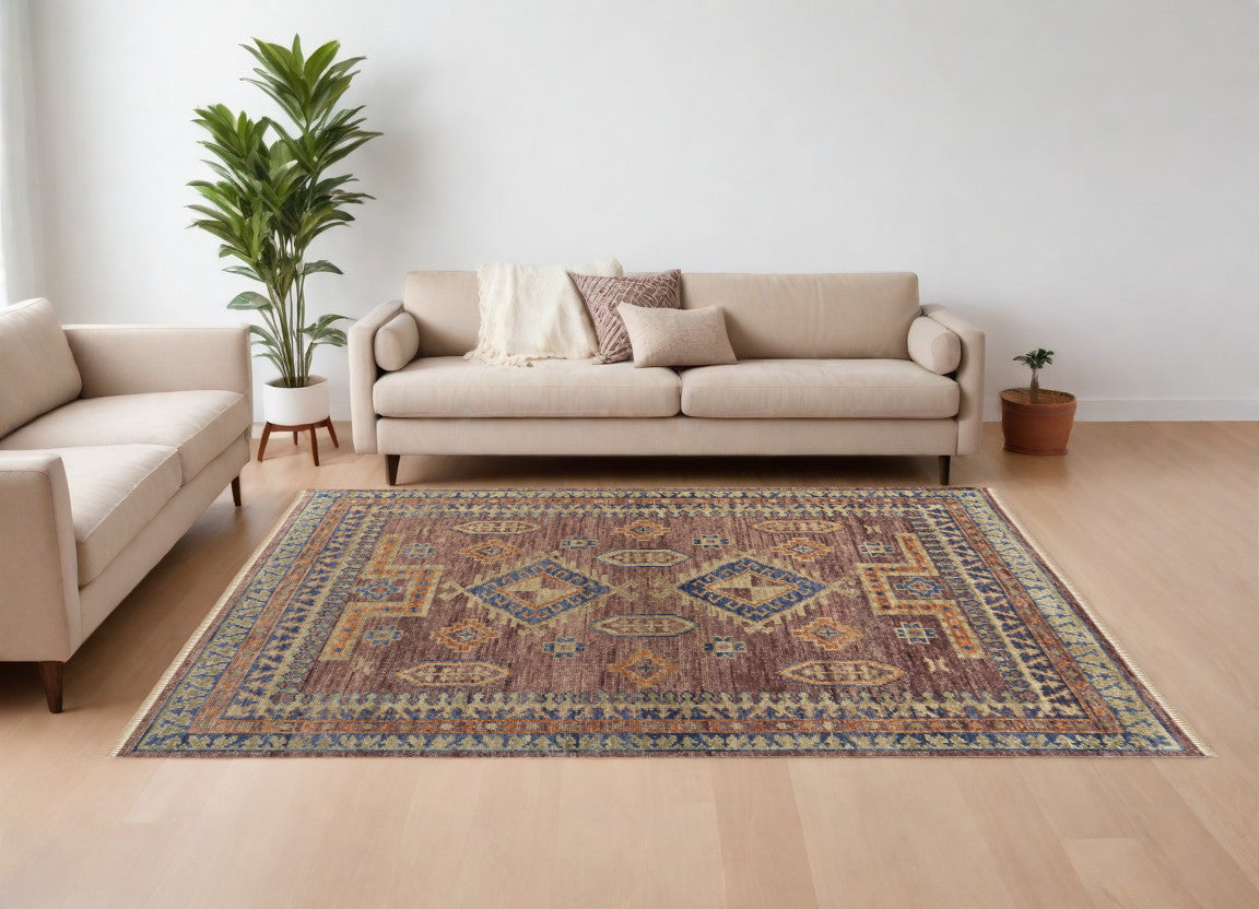 9 X 12 Blue Red and Tan Wool Geometric Hand Knotted Area Rug With Fringe