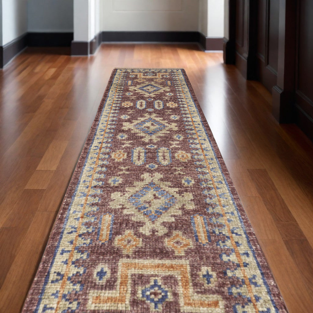 12 Blue Red and Tan Wool Geometric Hand Knotted Runner Rug With Fringe