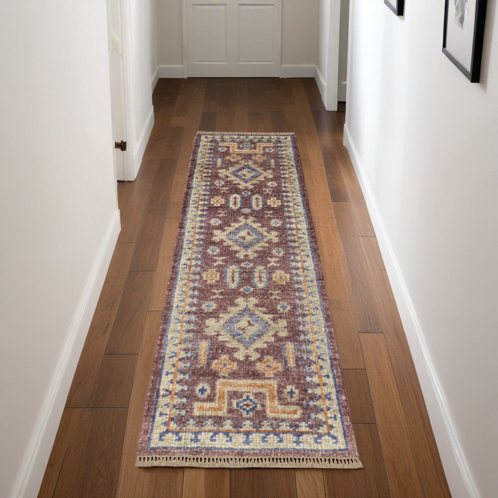 8 Blue Red and Tan Wool Geometric Hand Knotted Runner Rug With Fringe