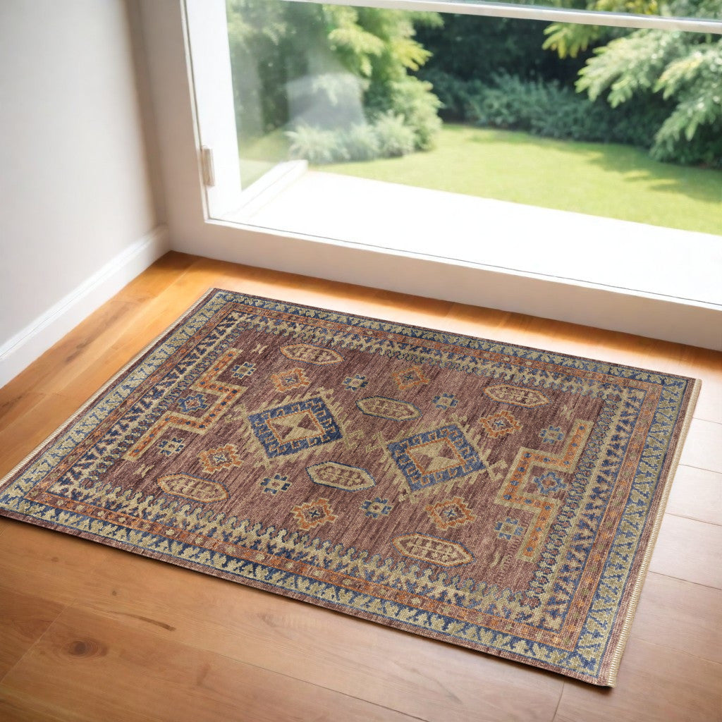 2 X 3 Blue Red and Tan Wool Geometric Hand Knotted Area Rug With Fringe