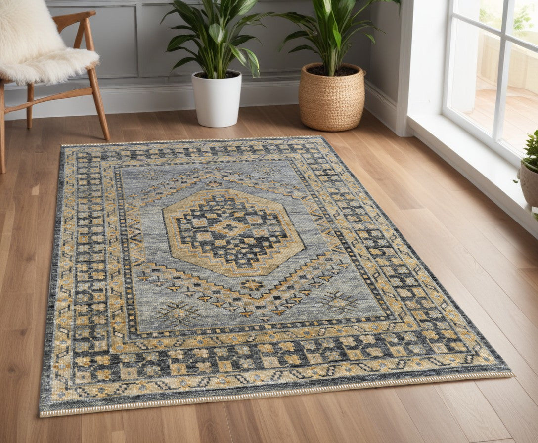 4 X 6 Blue Gray and Tan Wool Oriental Hand Knotted Area Rug With Fringe
