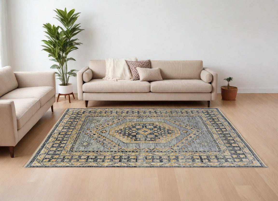 9 X 12 Blue Gray and Tan Wool Oriental Hand Knotted Area Rug With Fringe
