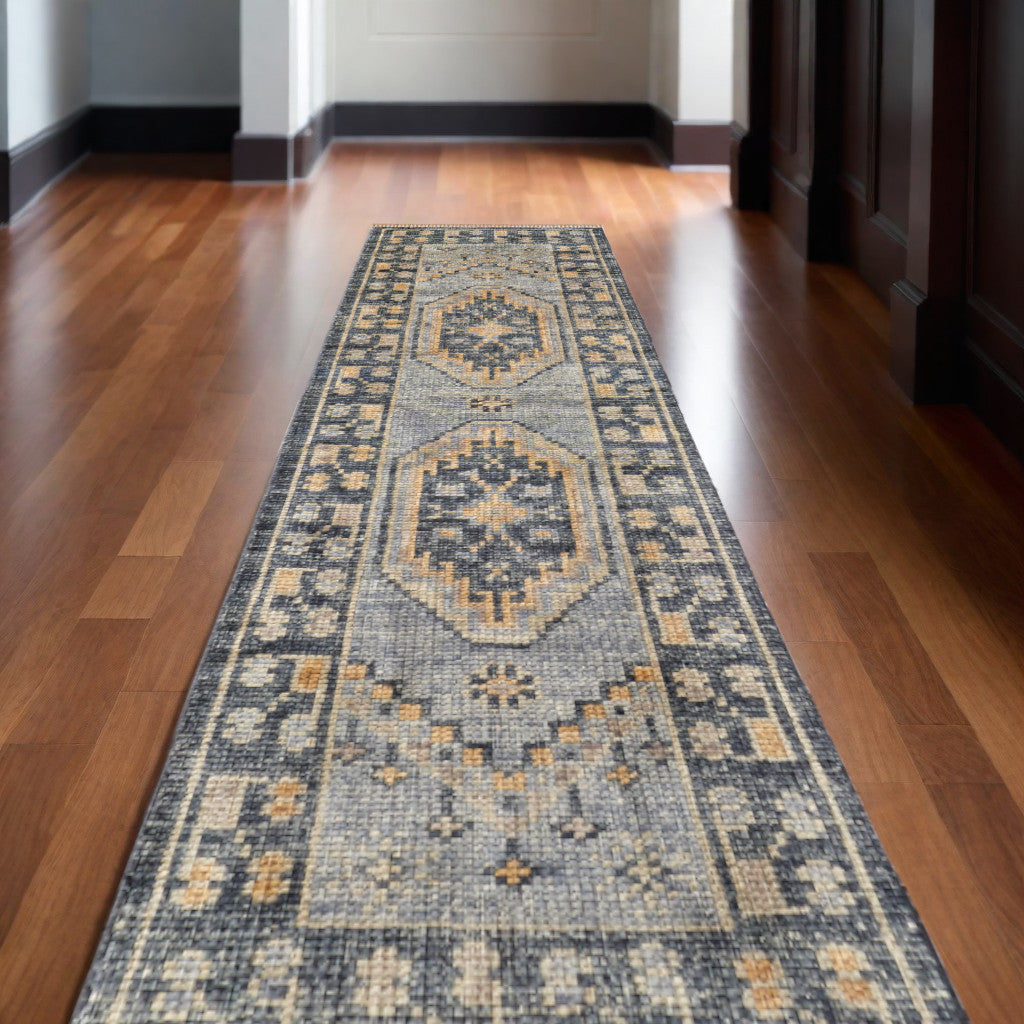 10 Blue Gray and Tan Wool Oriental Hand Knotted Runner Rug With Fringe