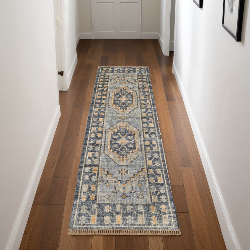 8 Blue Gray and Tan Wool Oriental Hand Knotted Runner Rug With Fringe