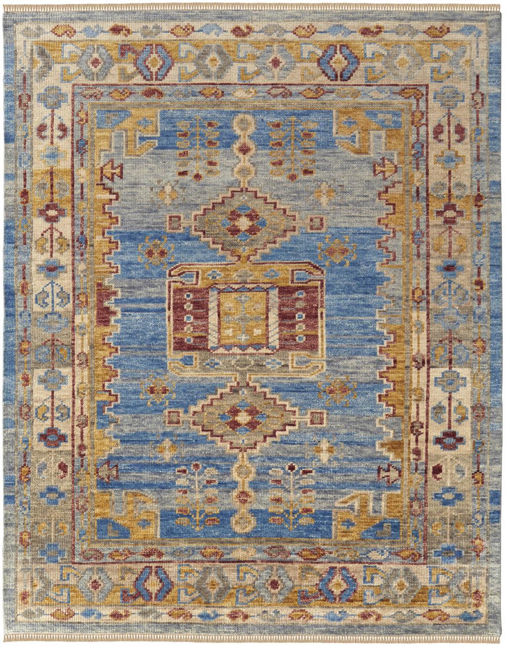 3 X 5 Blue Red and Yellow Wool Geometric Hand Knotted Area Rug With Fringe