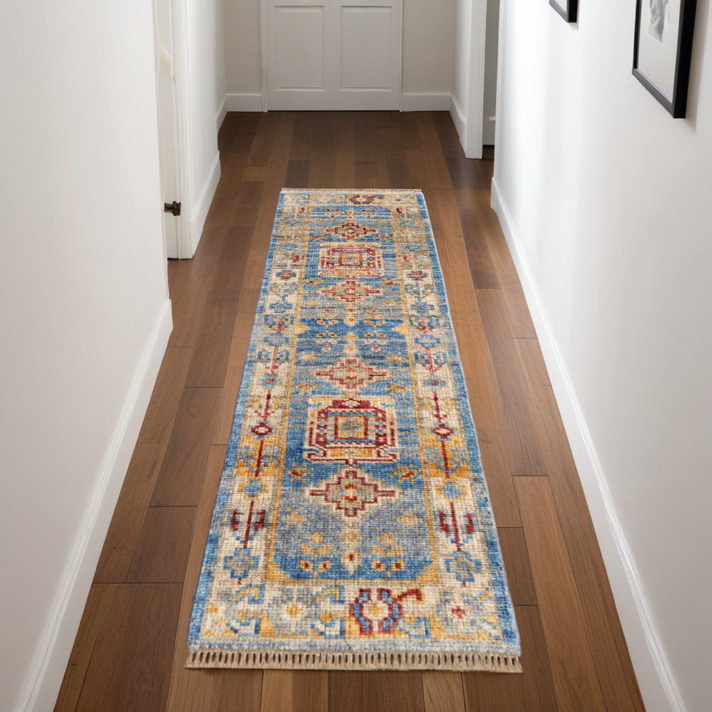 8 Blue Red and Yellow Wool Geometric Hand Knotted Runner Rug With Fringe