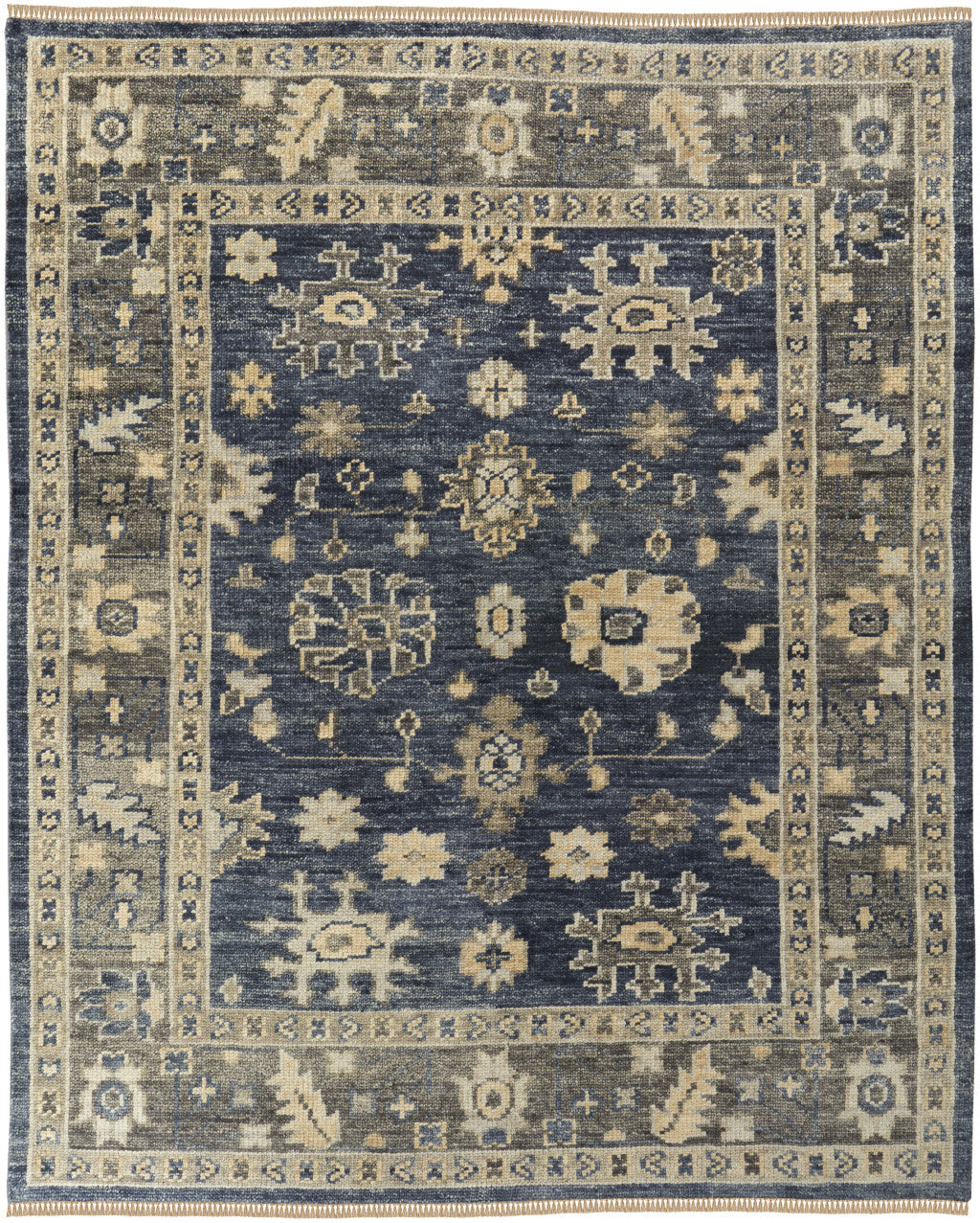 8 X 10 Blue and Gray Wool Floral Hand Knotted Area Rug With Fringe