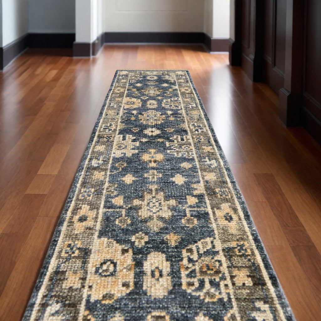12 Blue and Gray Wool Floral Hand Knotted Runner Rug With Fringe