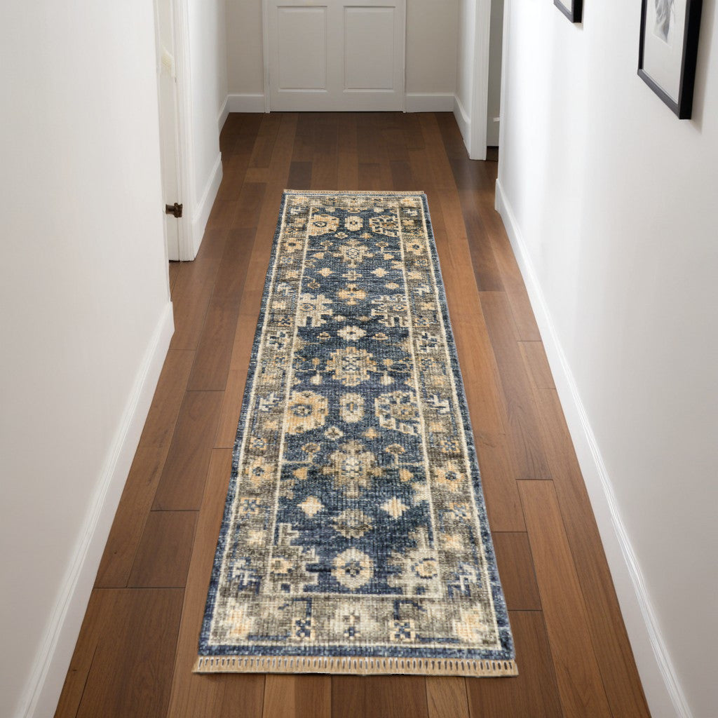 8 Blue and Gray Wool Floral Hand Knotted Runner Rug With Fringe