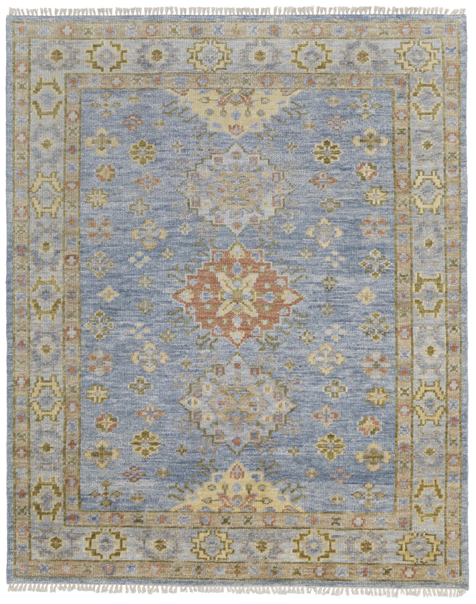 3 X 5 Green Blue and Yellow Wool Geometric Hand Knotted Area Rug With Fringe