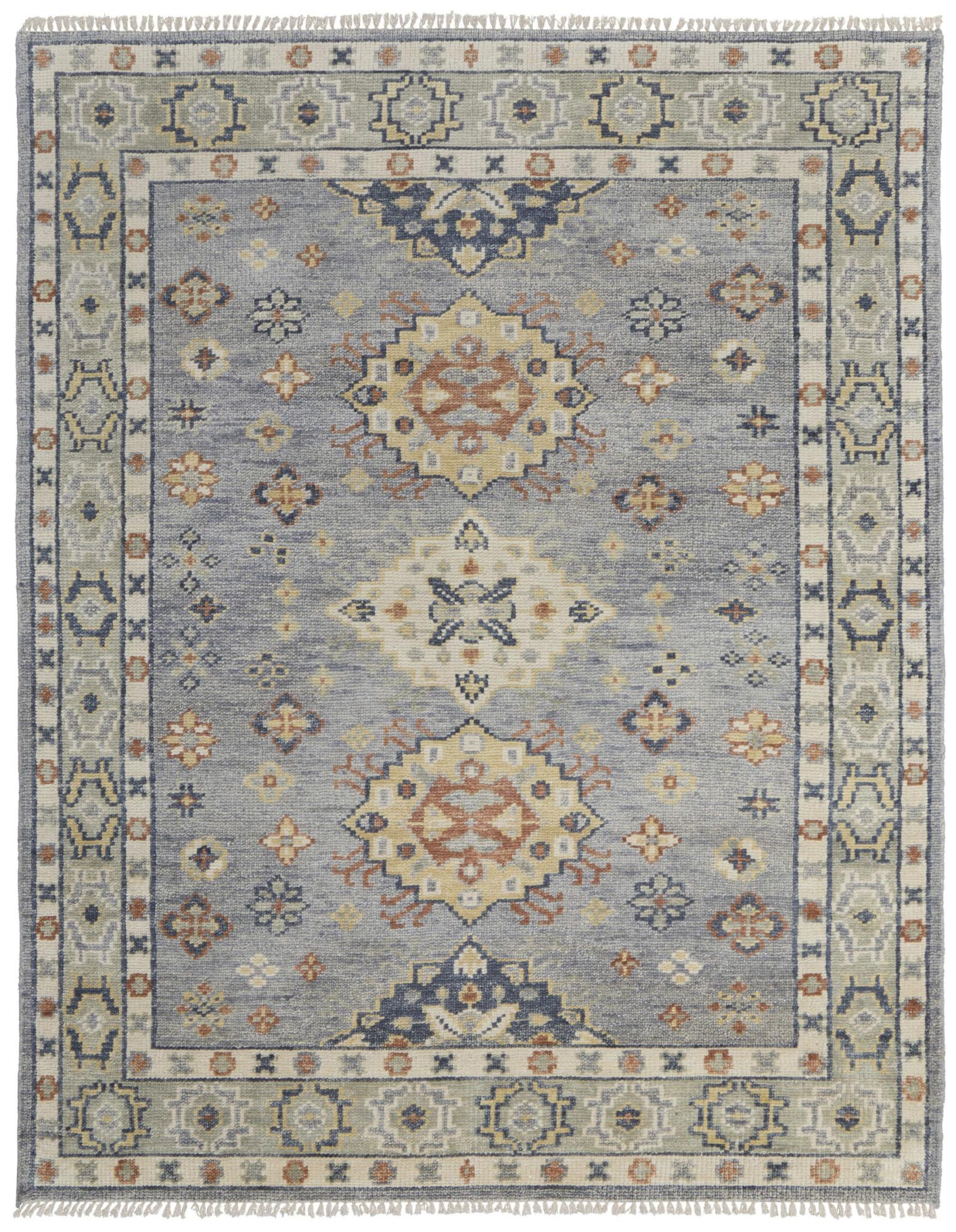 8 X 10 Gray Blue and Taupe Wool Geometric Hand Knotted Area Rug With Fringe