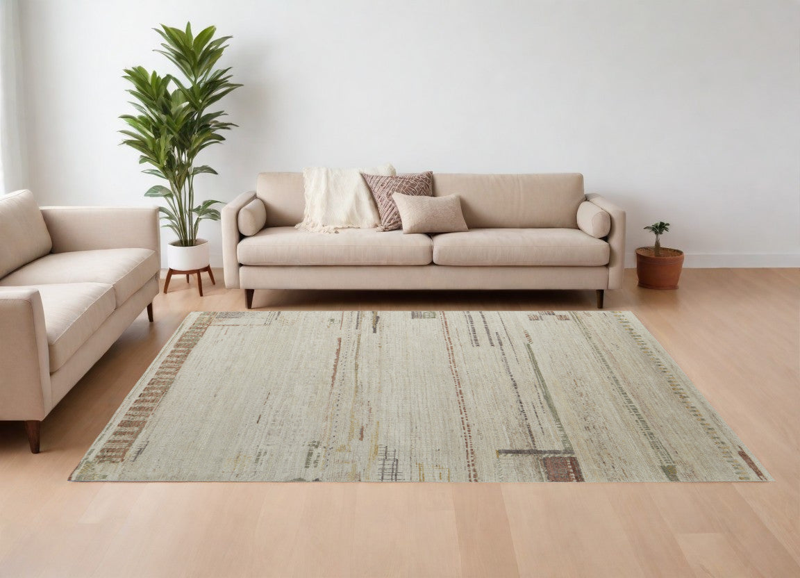 8 X 12 Gray Tan and Green Wool Abstract Hand Knotted Area Rug