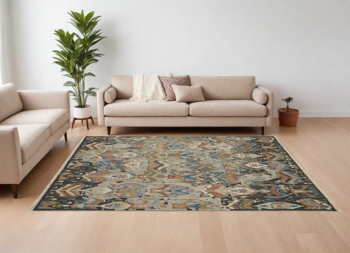 12 X 15 Blue Gray and Brown Wool Ikat Hand Knotted Area Rug With Fringe
