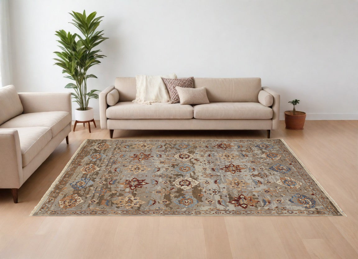 9 X 13 Tan Brown and Gray Wool Floral Hand Knotted Area Rug With Fringe