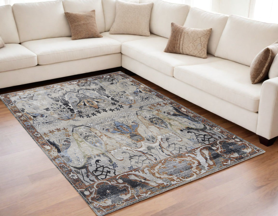5 X 8 Gray Black and Red Ikat Power Loom Area Rug