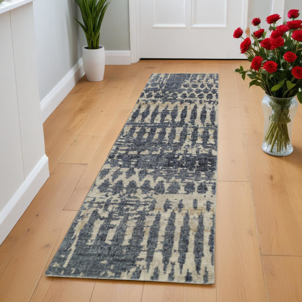 8 Blue Gray and Tan Wool Abstract Hand Knotted Runner Rug