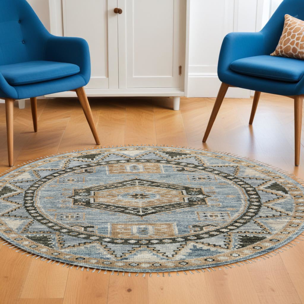 8 Blue Green and Tan Wool Oriental Hand Knotted Round Rug With Fringe