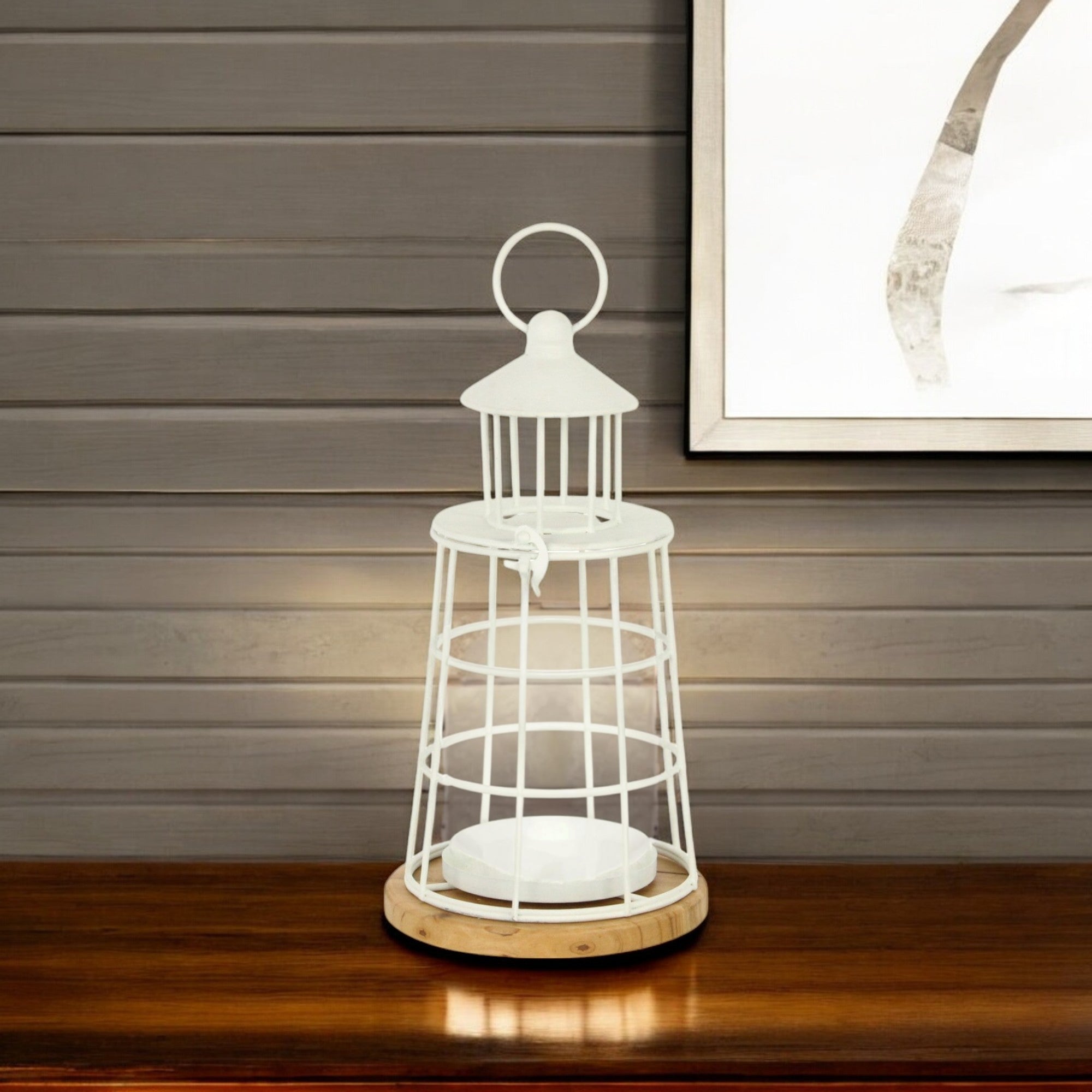 12 White And Natural Metal And Wood Lighthouse Tabletop Lantern Candle Holder