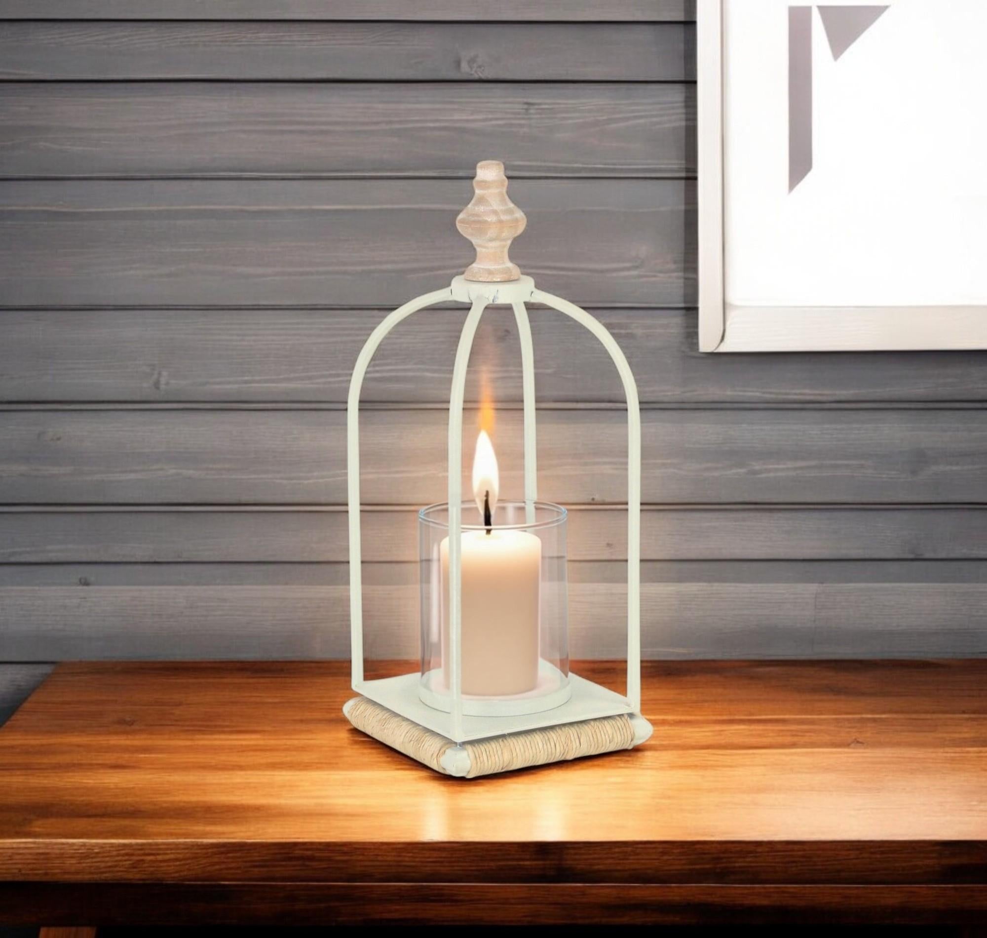 14 White Metal With Wood And Rope Tabletop Lantern Candle Holder