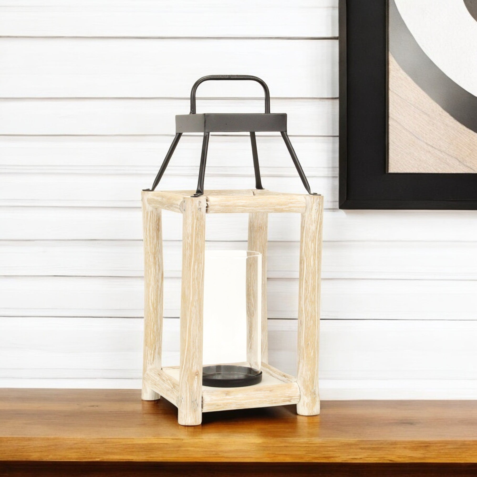 18 Natural And Black Glass Metal And Wood Tabletop Lantern Candle Holder