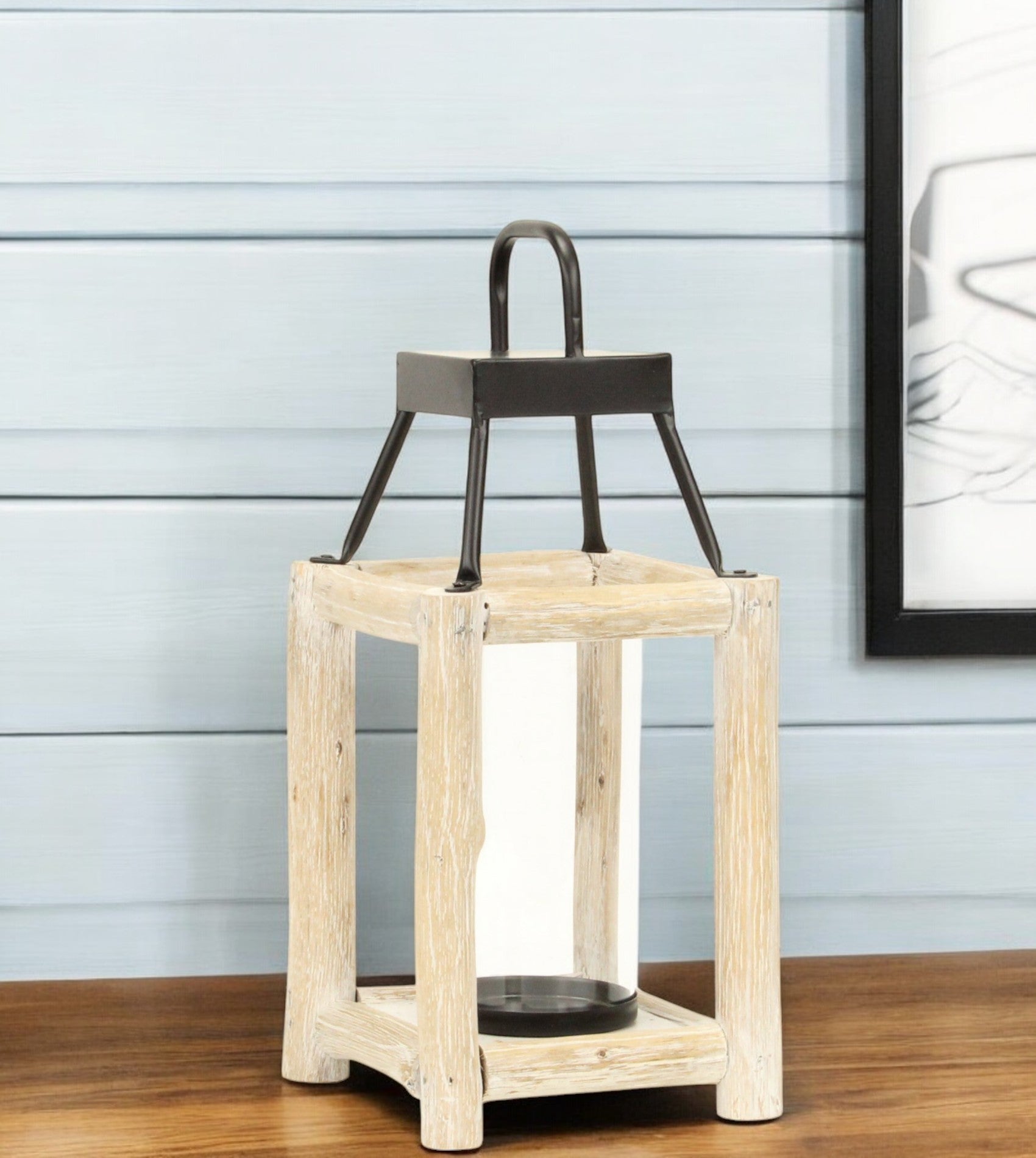 15 Natural And Black Glass Metal And Wood Tabletop Lantern Candle Holder