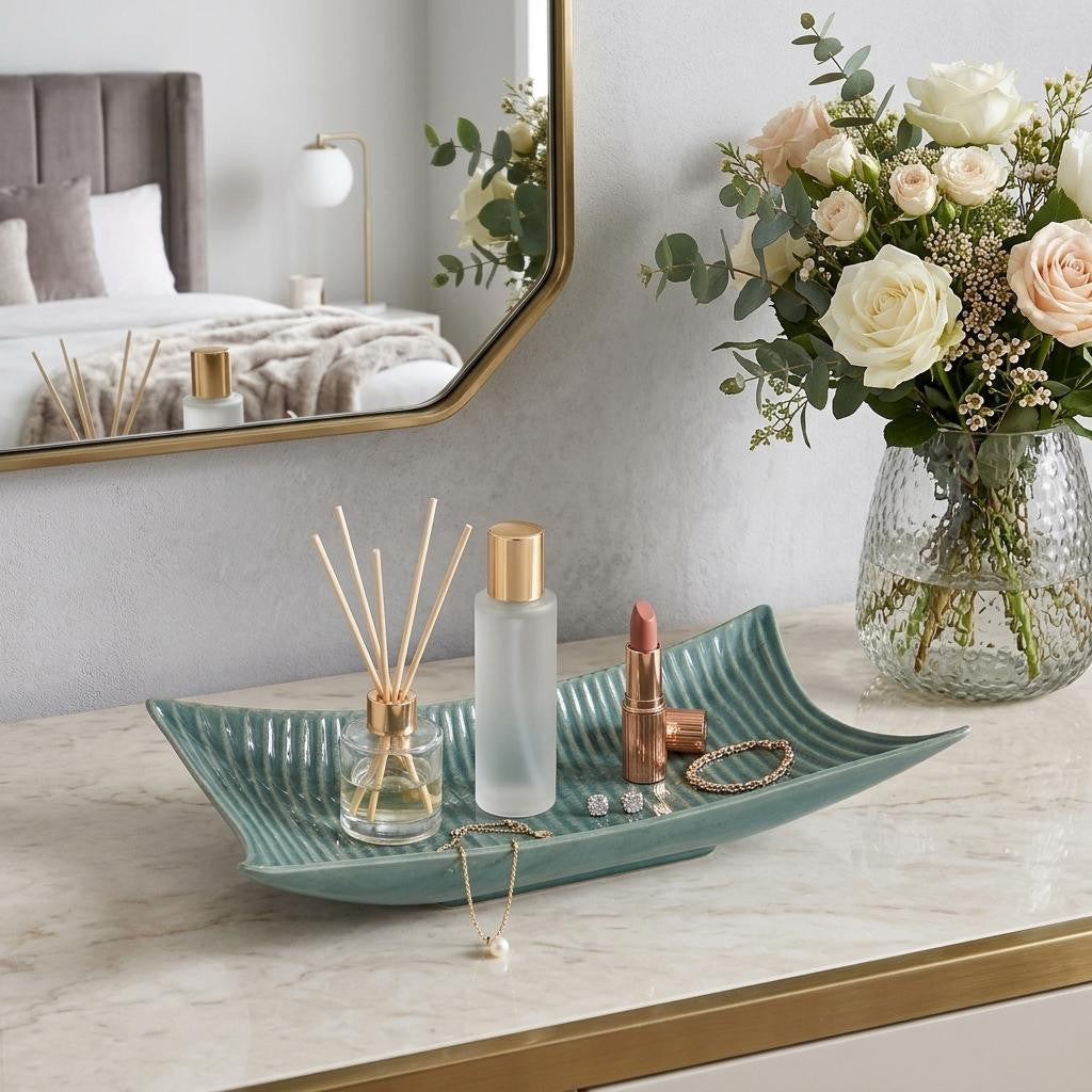 20 Teal Blue Ceramic Boat Vanity Tray