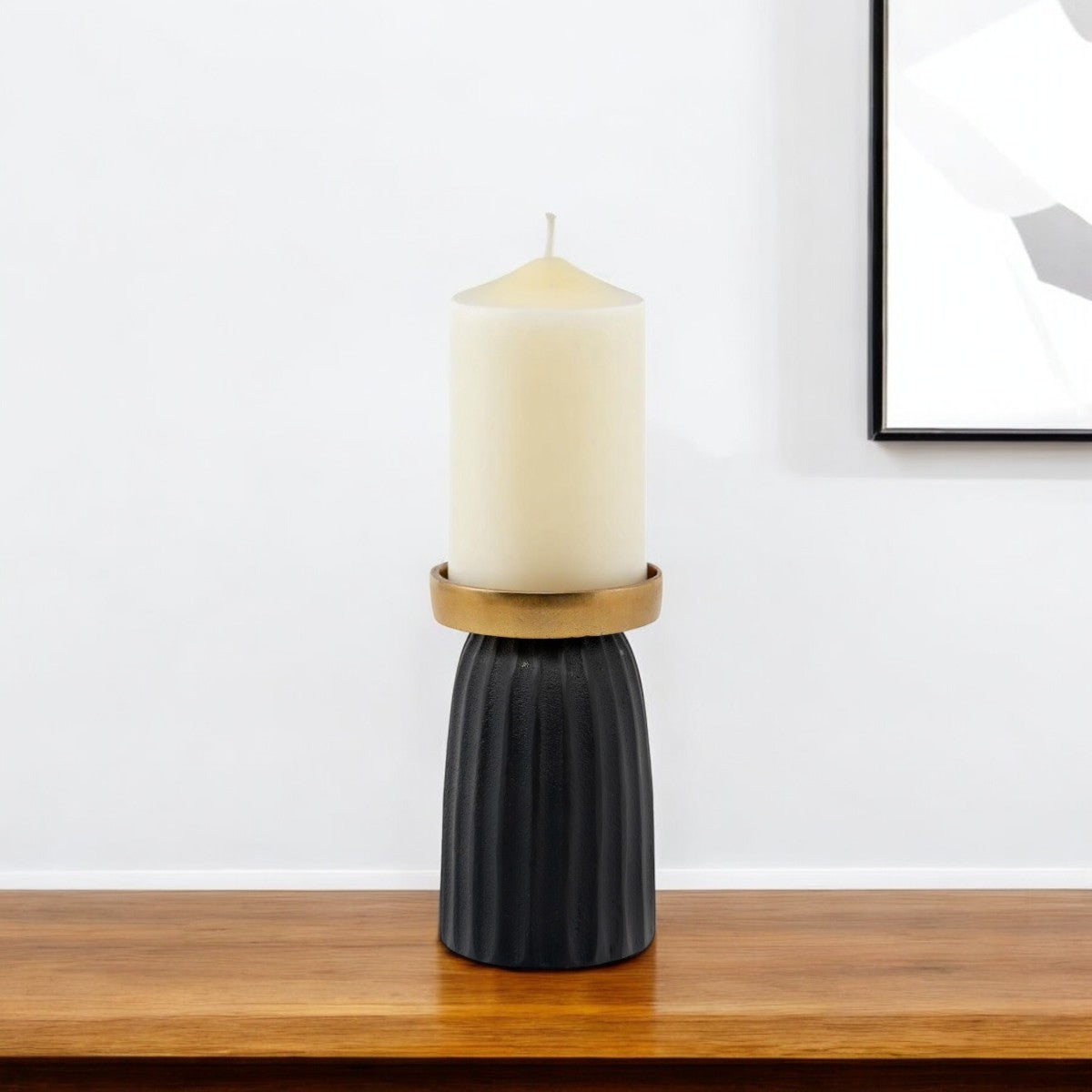 6 Black And Gold Striped Aluminum Tabletop Pillar Candle Holder