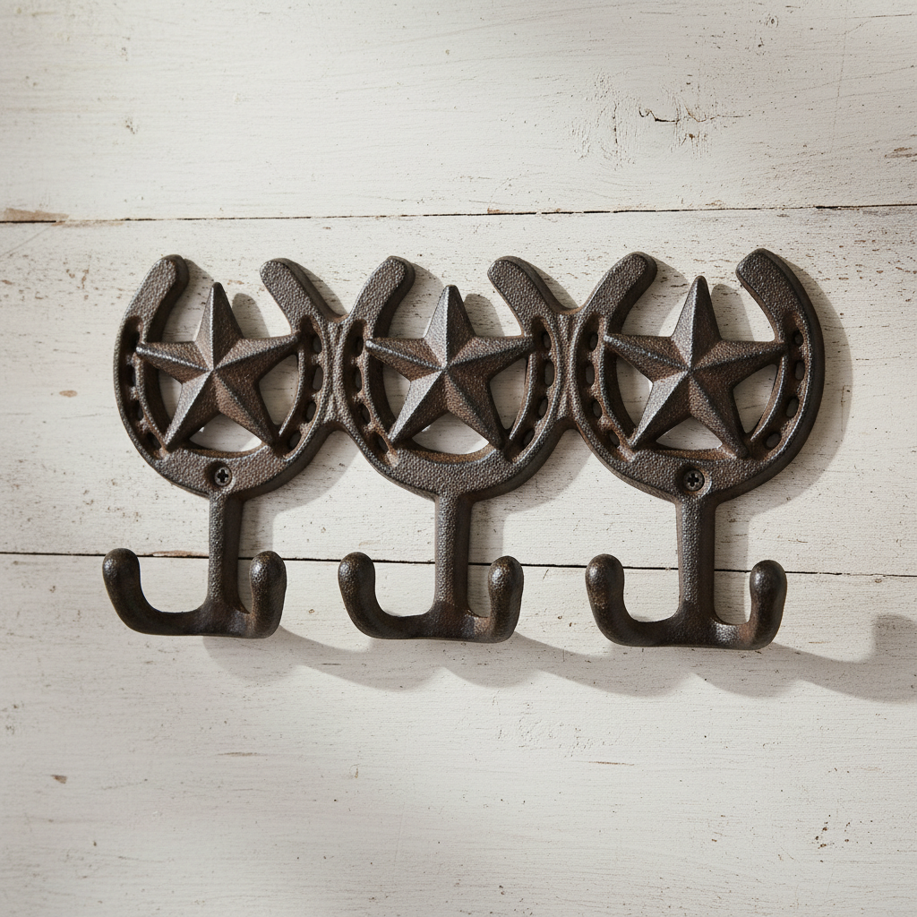 Triple Cast Iron Star Horseshoe Hooks - Western Wall Organizer
