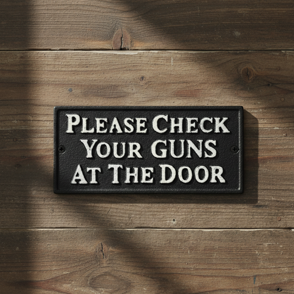 Rugged Cast Iron "Please Check Your Guns at the Door" Sign, Western Saloon Decor