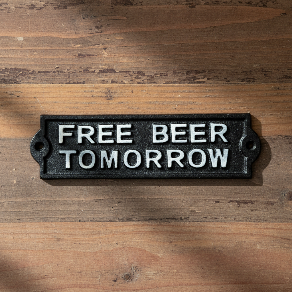 Humorous Cast Iron Plaque: Free Beer Tomorrow - Fun Bar Sign